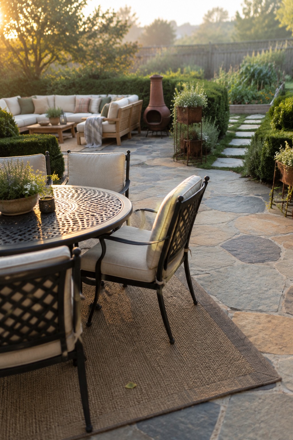 A backyard stone patio showing a round dining table with chairs on a rug in the foreground and a separate lounge area with a sofa and fire pit further back.