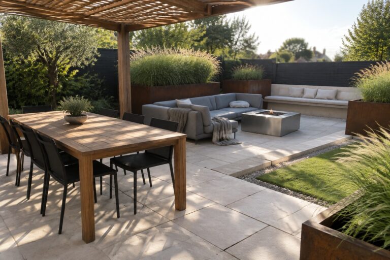 18 Smart Backyard Patio Designs Built Around Separate Dining and Lounge Zones A backyard patio with a long wooden dining table and black chairs in the foreground and a separate lounge area with sectional sofa and fire pit under a pergola.