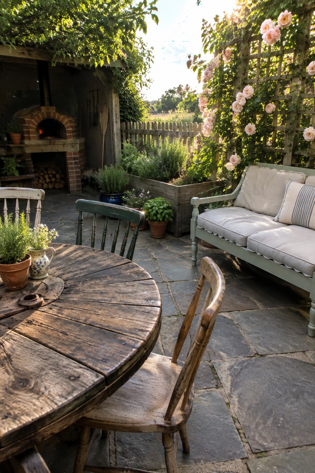 A backyard patio with a round wooden dining table and mismatched chairs in the foreground, a light green sofa with cushions on the right, a brick oven on the left, and climbing roses on a trellis in the background.