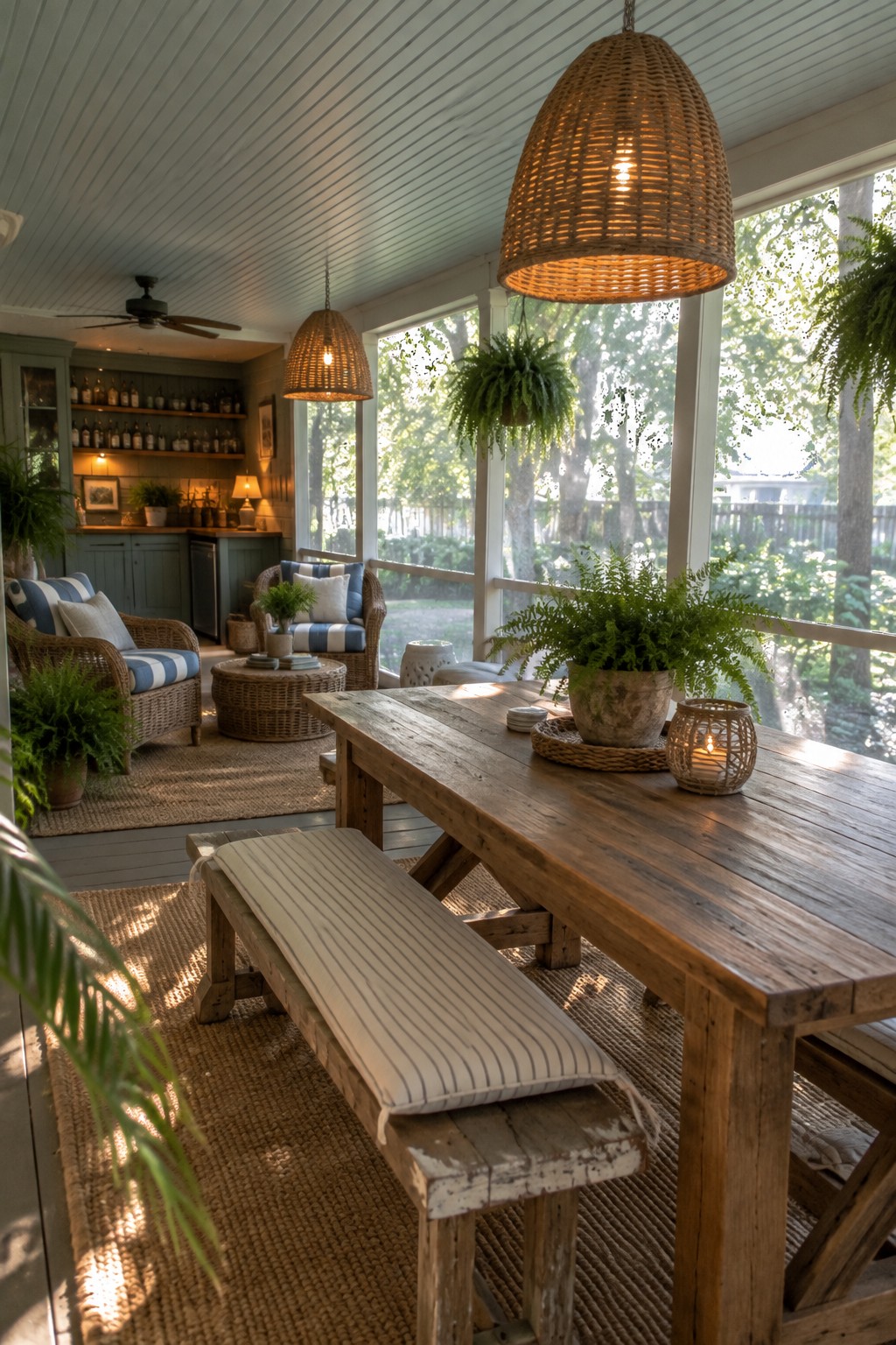 A covered porch with a wooden dining table and bench on a woven rug in the foreground and a separate lounge area with wicker chairs and a coffee table on another rug in the background, surrounded by potted ferns and large windows.