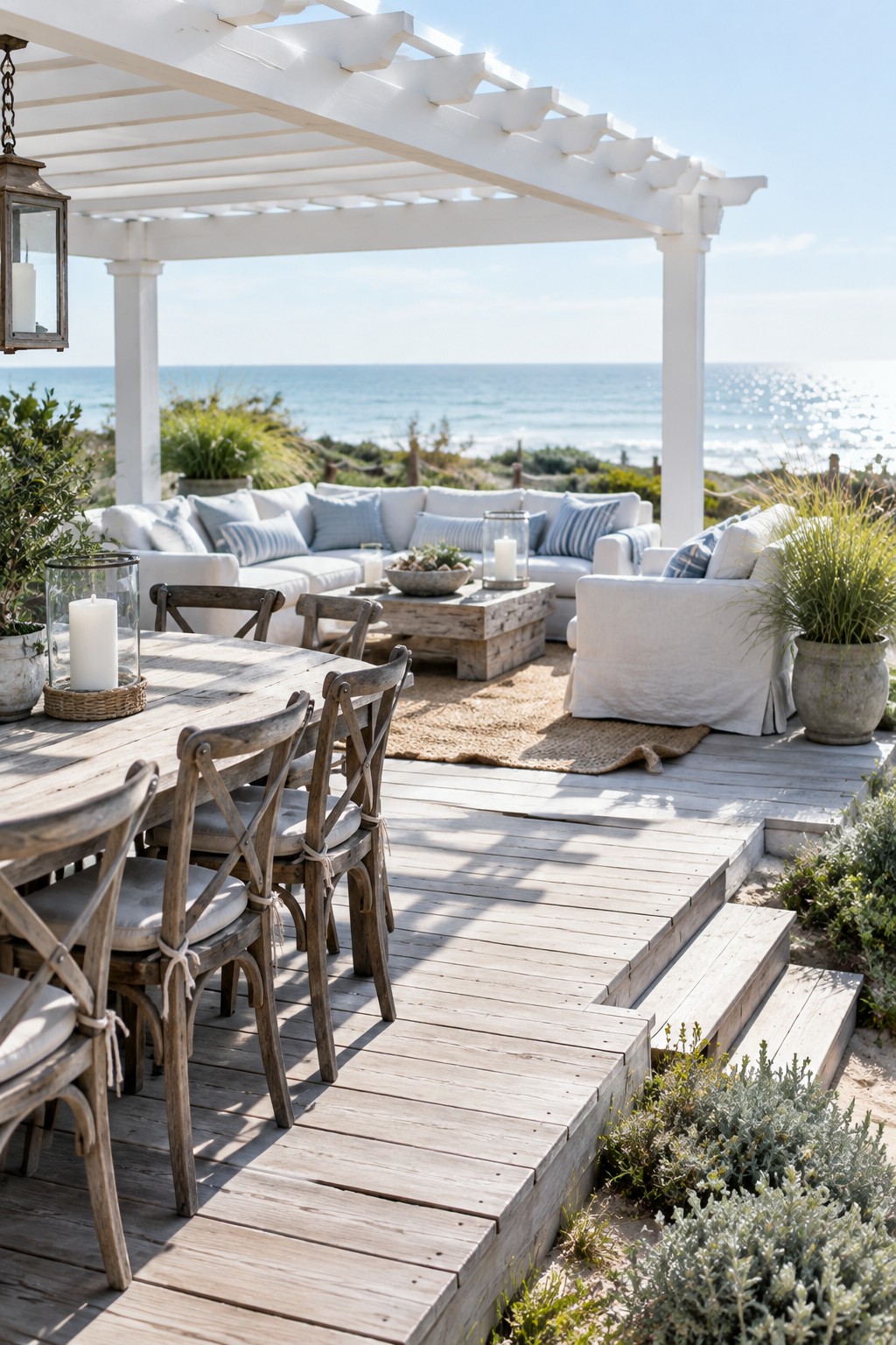 White pergola shades wooden deck with sofas, dining table, and ocean view