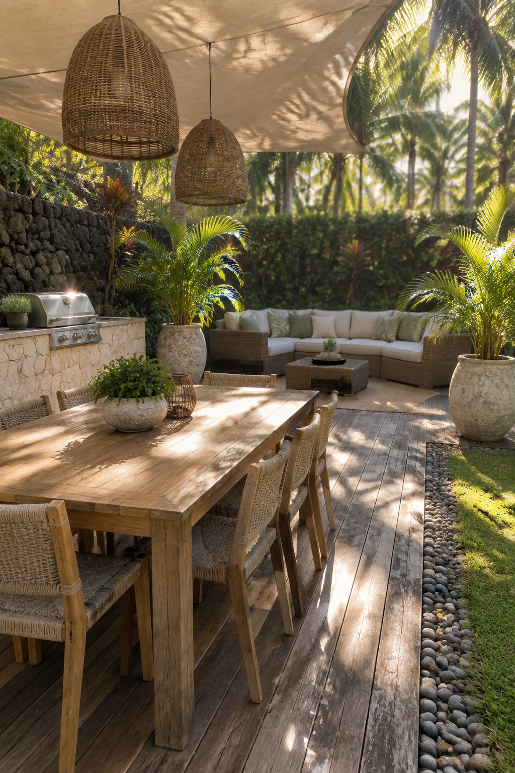 A wooden dining table with woven chairs on a deck next to a separate lounge area with a sectional sofa, coffee table, and large potted plants, with a stone wall and tropical plants in the background.