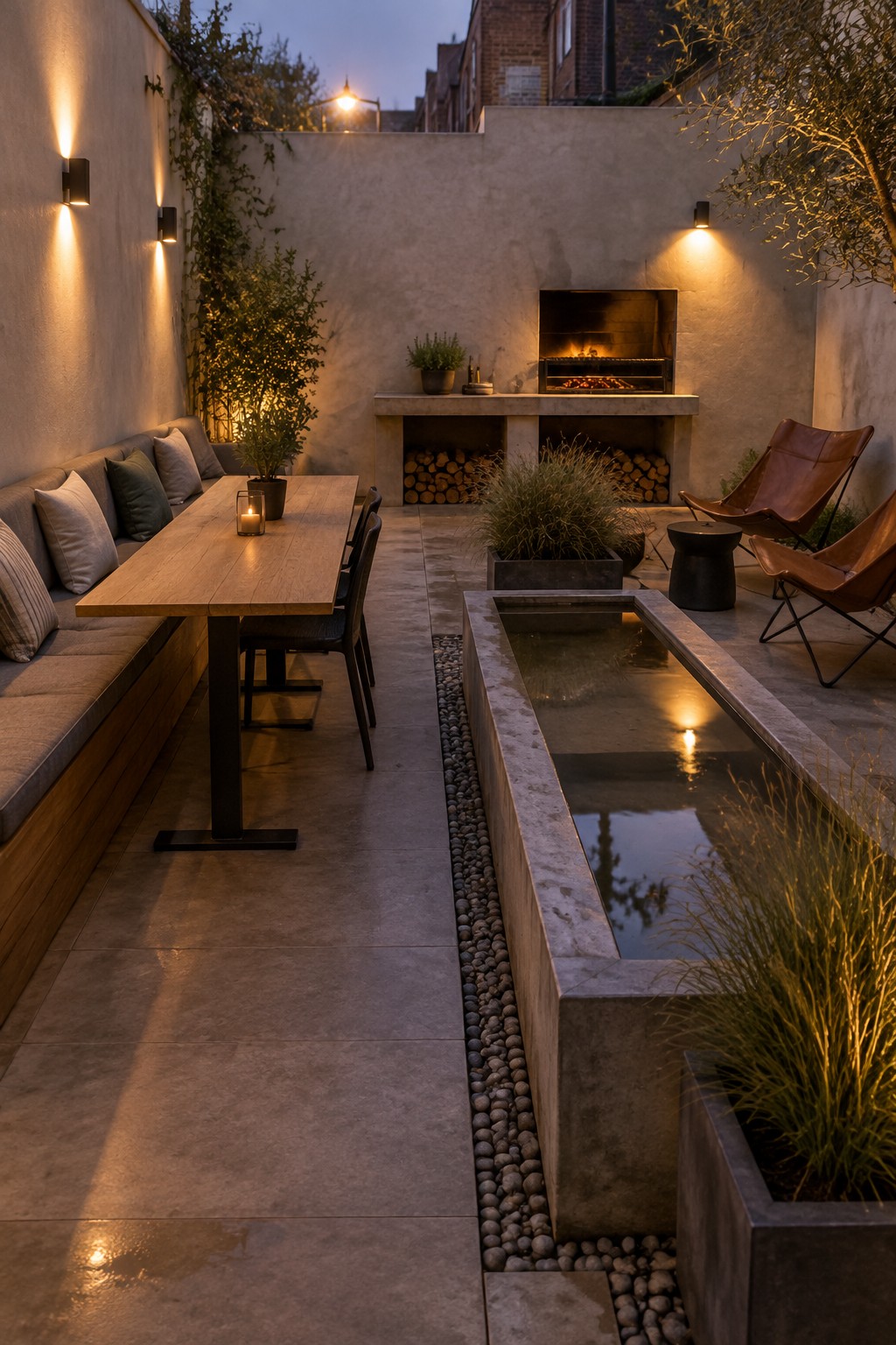 A narrow backyard patio at dusk with a long wooden dining table and bench seating on the left side of a rectangular water channel, and brown leather lounge chairs arranged near a built-in fireplace on the right side.