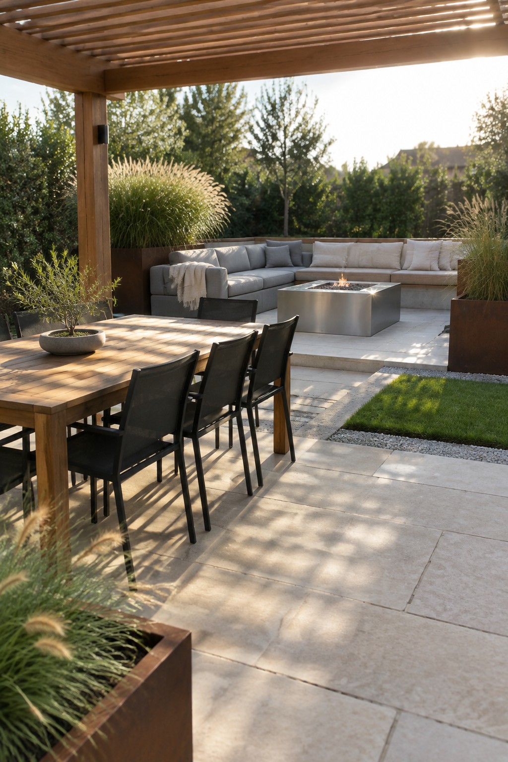 A backyard patio with a long wooden dining table and black chairs in the foreground and a separate lounge area with sectional sofa and fire pit under a pergola.