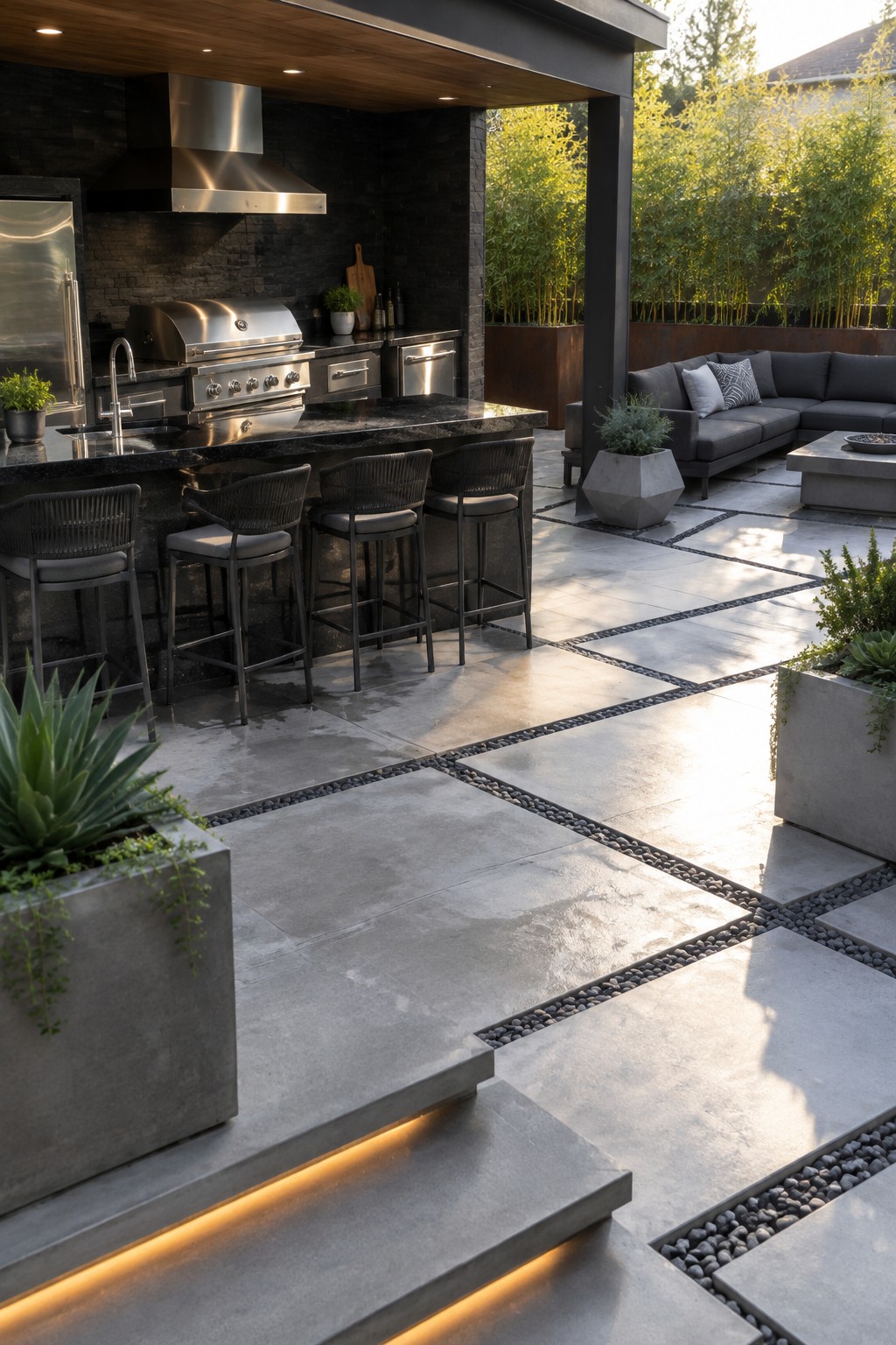 A modern outdoor kitchen with black stone counters, stainless grill, range hood, and four bar stools sits beside a dark gray sectional sofa on a patio of large concrete pavers divided by pebble strips.