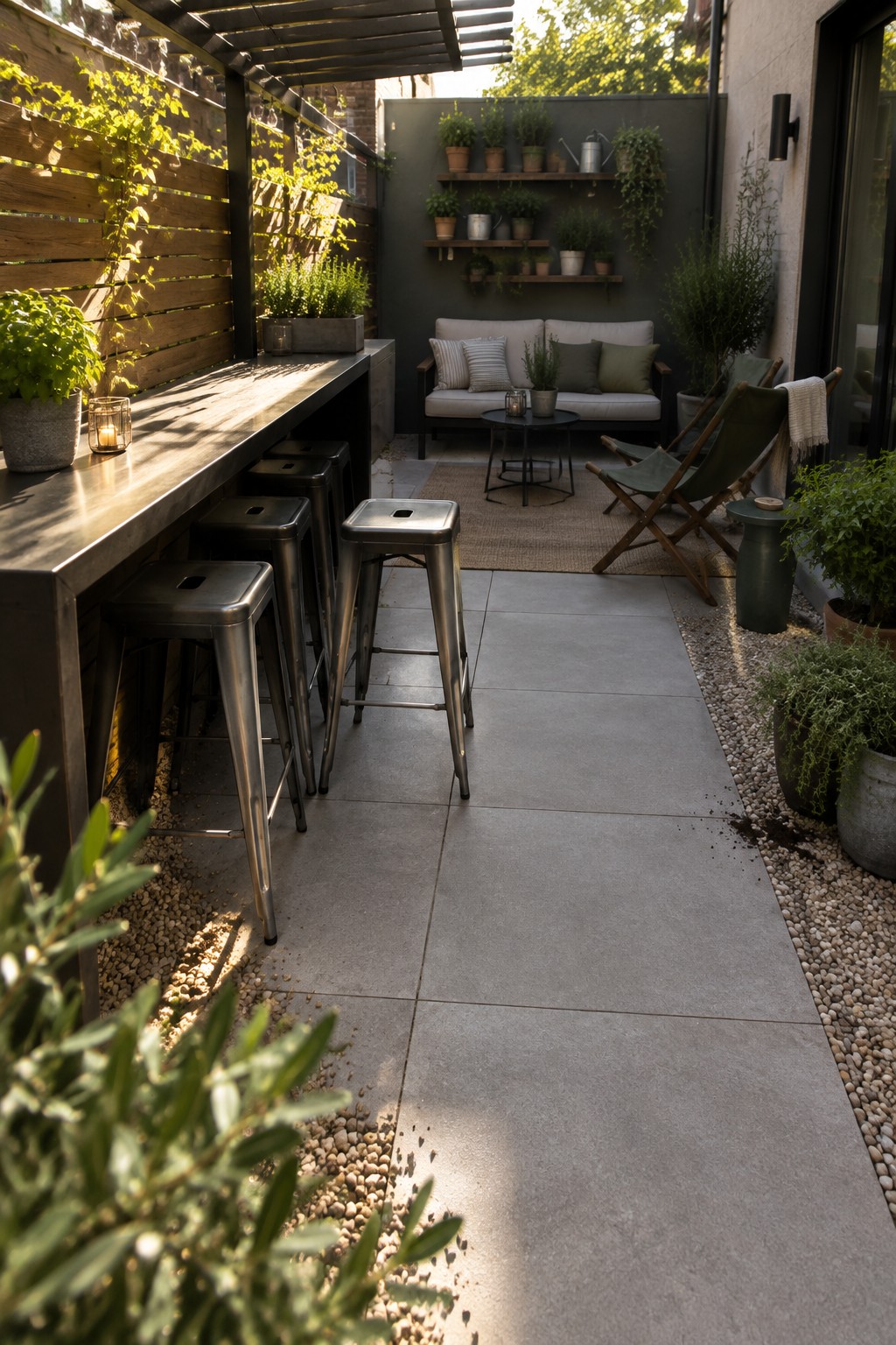Backyard patio showing a long metal bar counter with stools on the left side and a separate lounge area with sofa and chairs further back, divided by a concrete walkway.