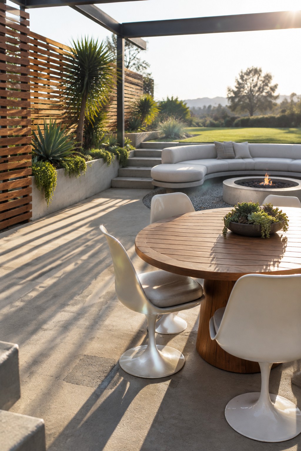 A modern backyard patio with a round wooden dining table and white chairs in the foreground, plus a curved sectional sofa arranged around a fire pit in the background.