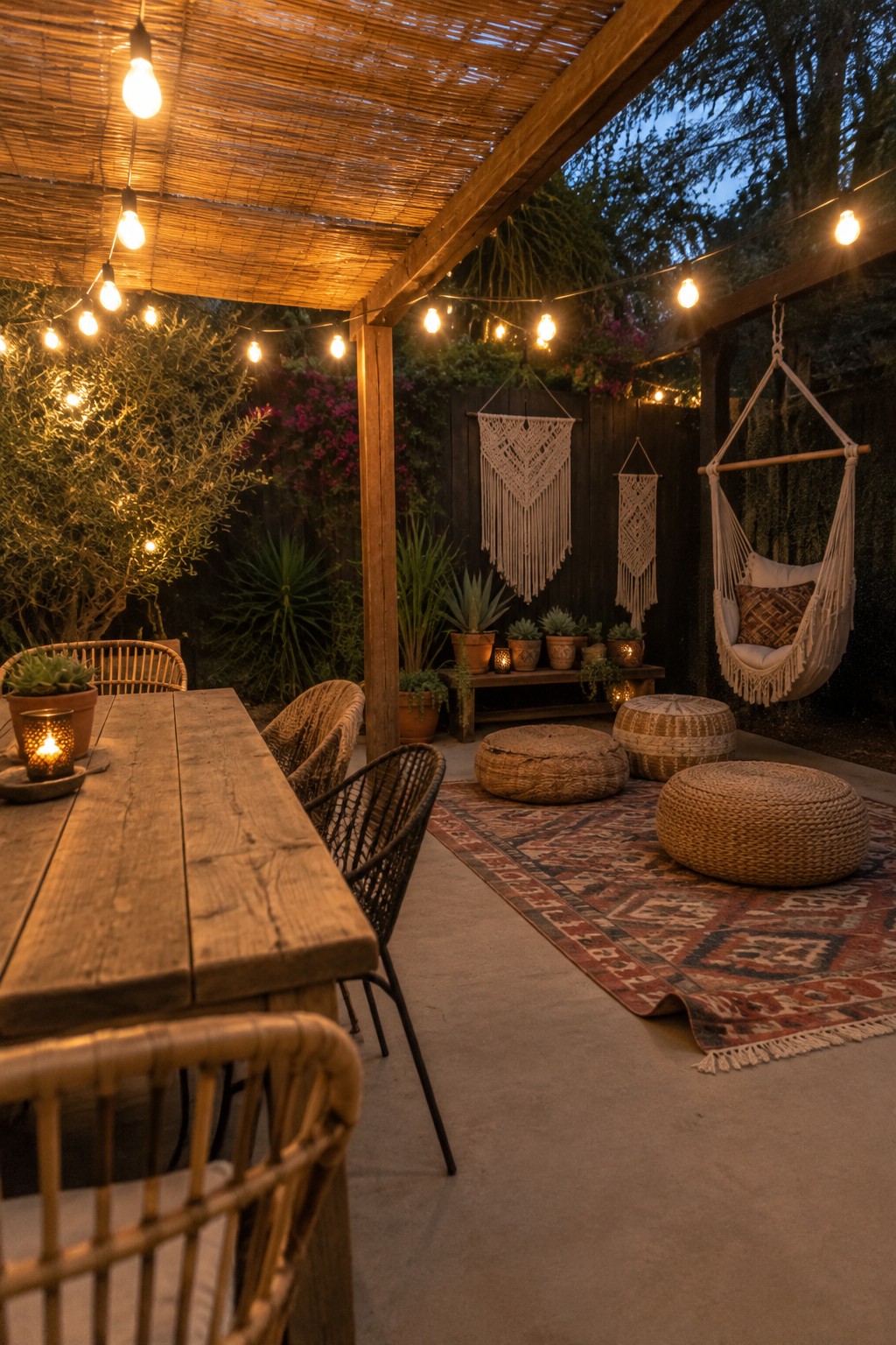 A covered backyard patio at dusk with a wooden dining table and chairs on the left and a lounge area with a hammock and woven floor cushions on a rug to the right, lit by string lights.