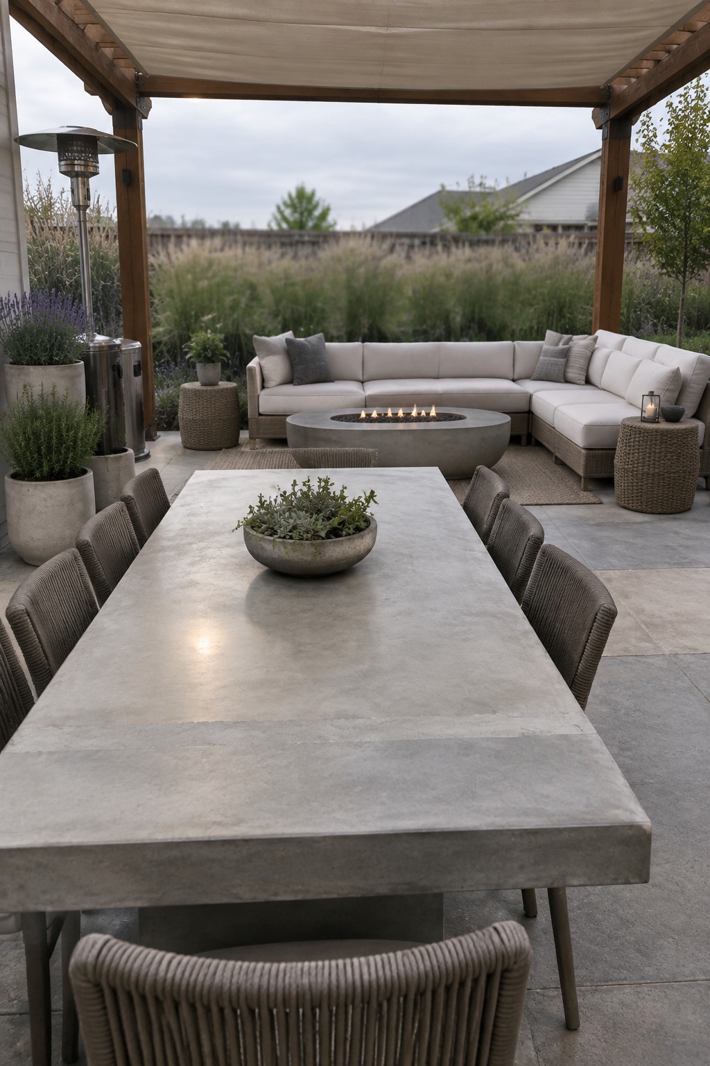 Modern patio with concrete dining table, woven chairs, and fire pit lounge area