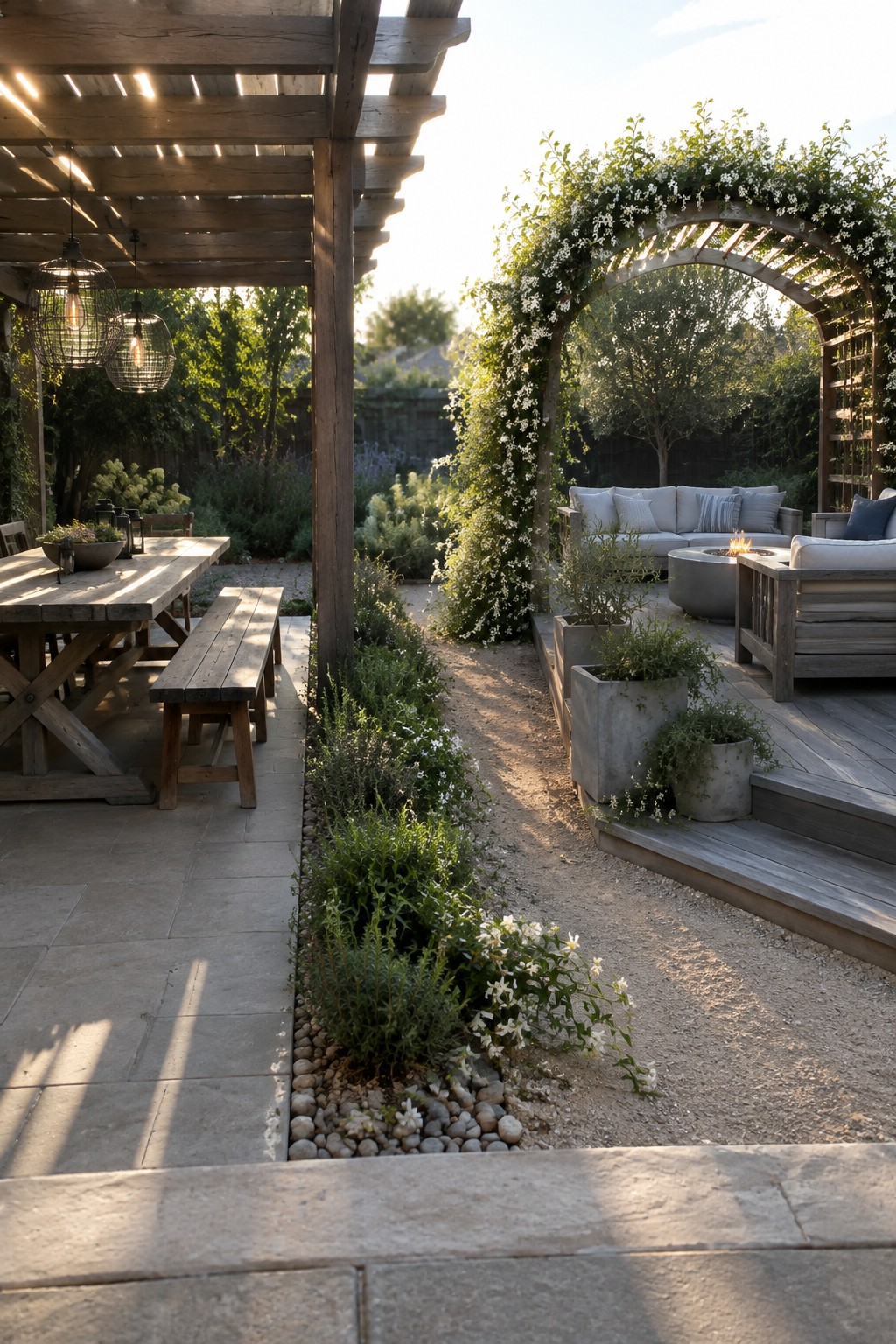 Rustic wooden patio with dining table, lounge seating, fire pit, and flowering arch