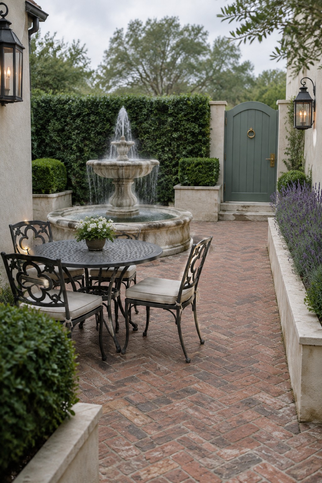 A brick patio with a round metal table and chairs positioned next to a large tiered stone fountain, with a green door and lanterns in the background.