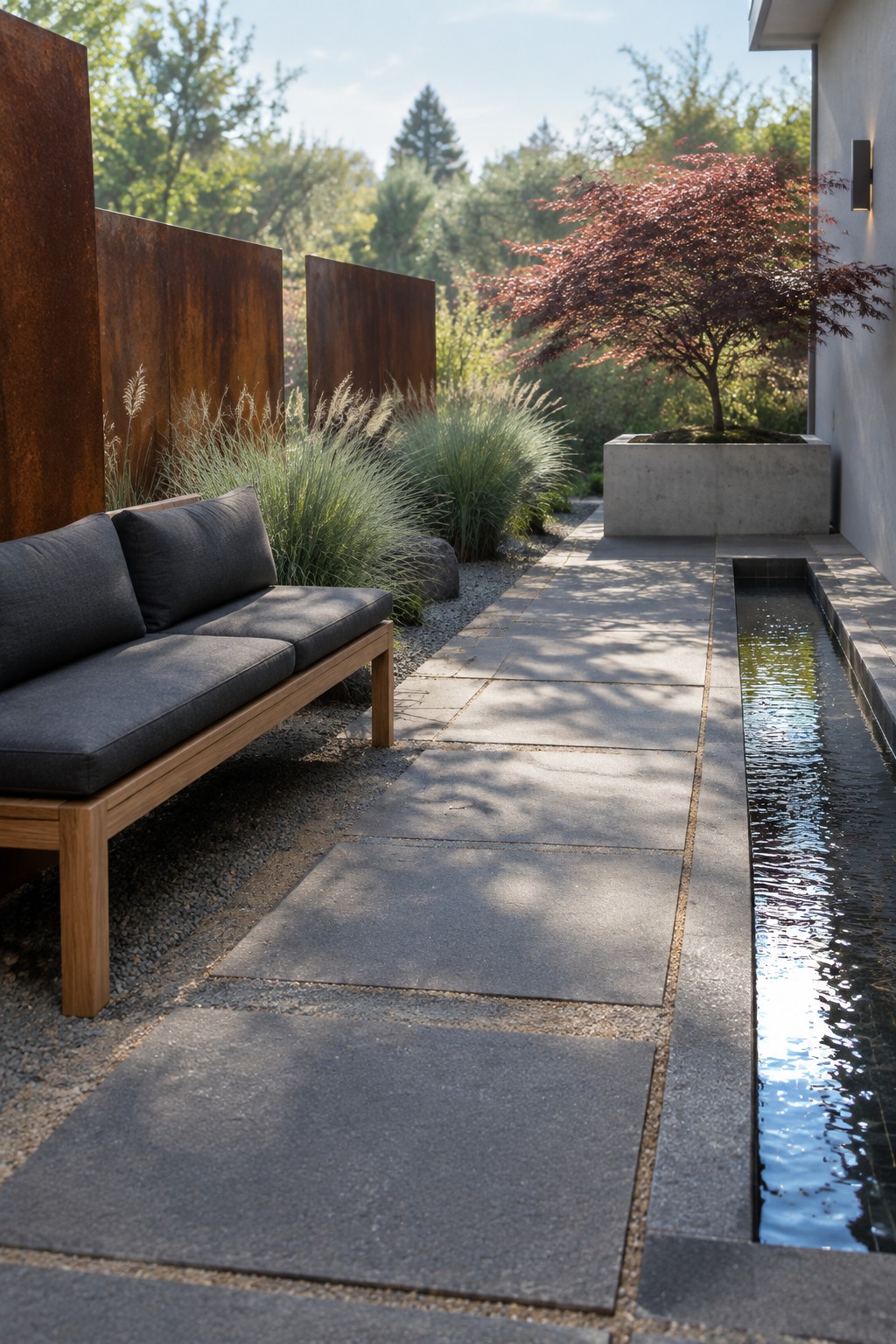 A modern outdoor patio features a long rectangular water channel running beside large stone pavers, with a wooden bench and dark cushions on a gravel area next to rusted metal screens and tall grasses.