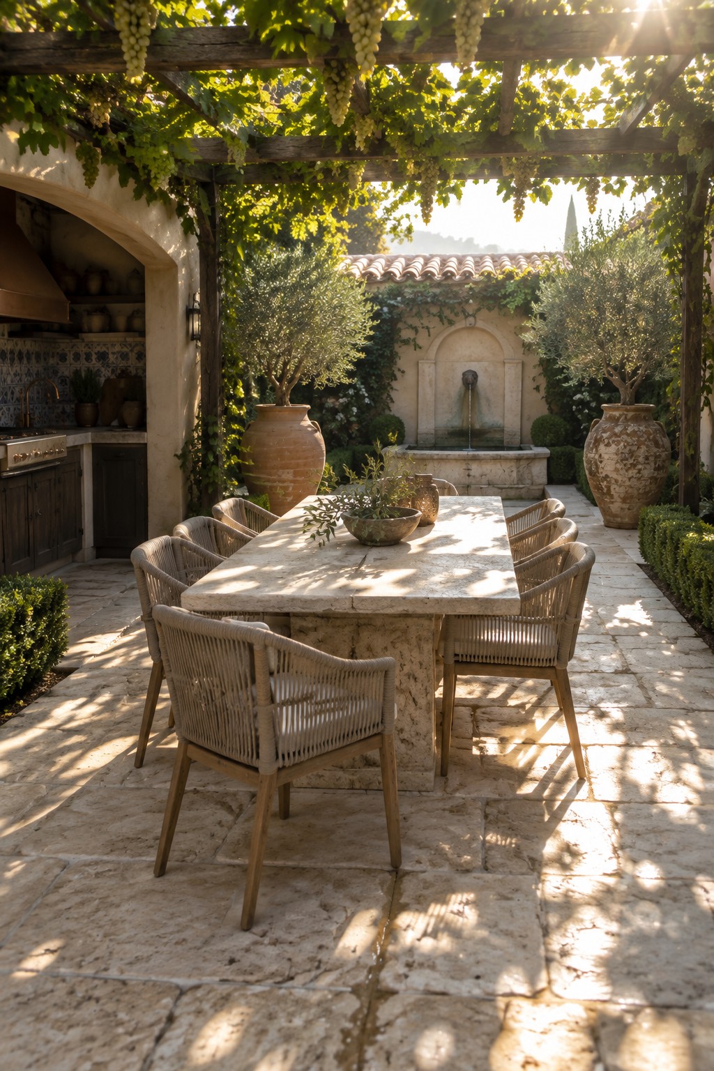 A stone patio features a large rectangular dining table with woven chairs beneath a wooden pergola covered in grapevines, next to an outdoor kitchen area and a stone fountain.