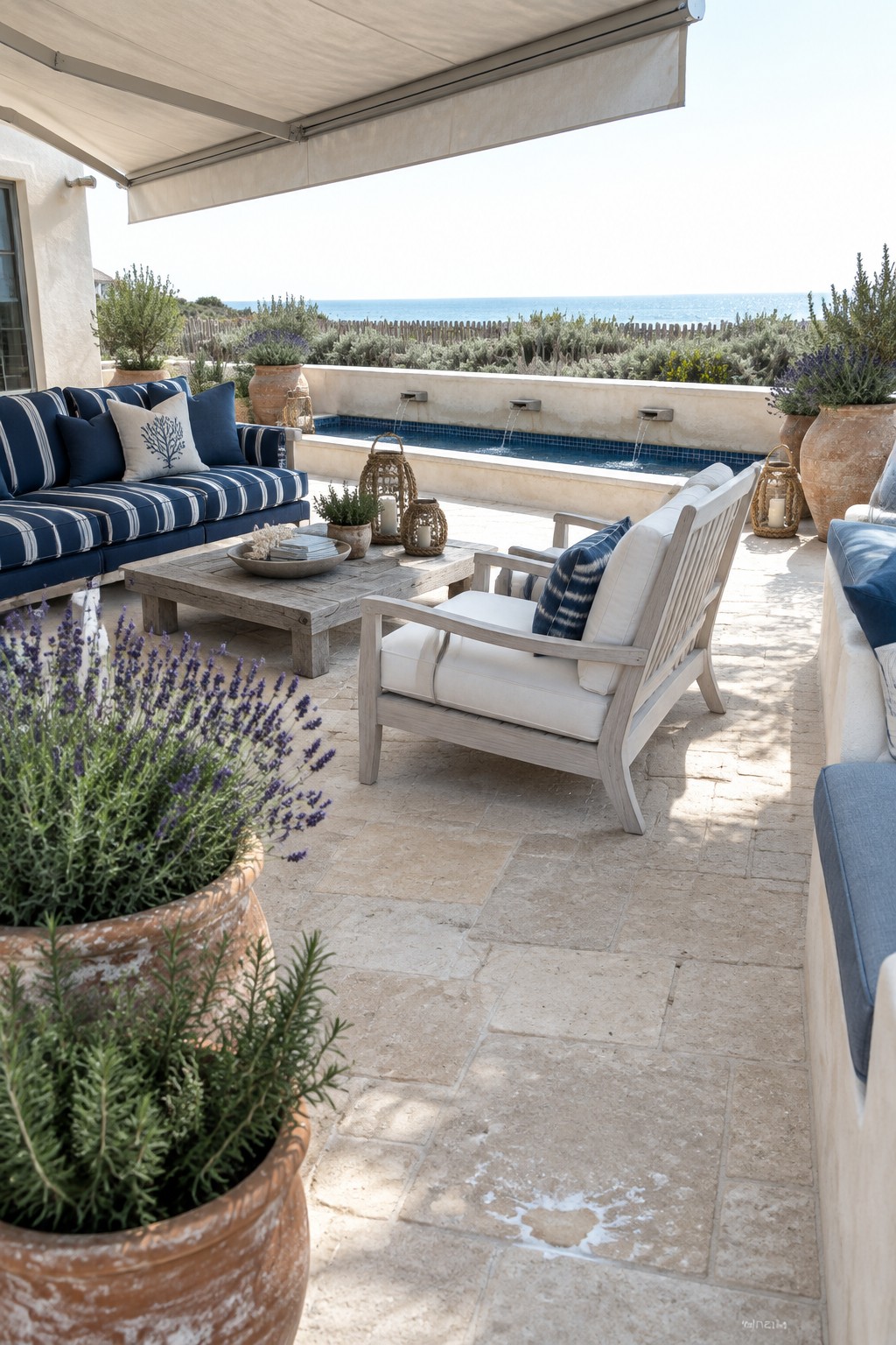 A sunny patio with a large beige retractable awning shading a blue and white striped sofa, wooden coffee table, white wooden armchairs, and large terracotta pots with lavender plants, next to a small water feature and ocean view.