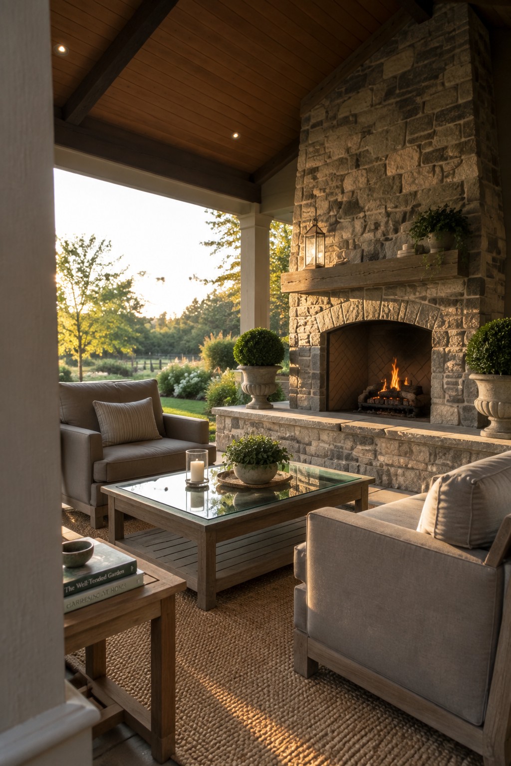 A covered patio with a large stone fireplace, upholstered armchairs, a wooden coffee table on a woven rug, and potted plants overlooking a lawn and trees.