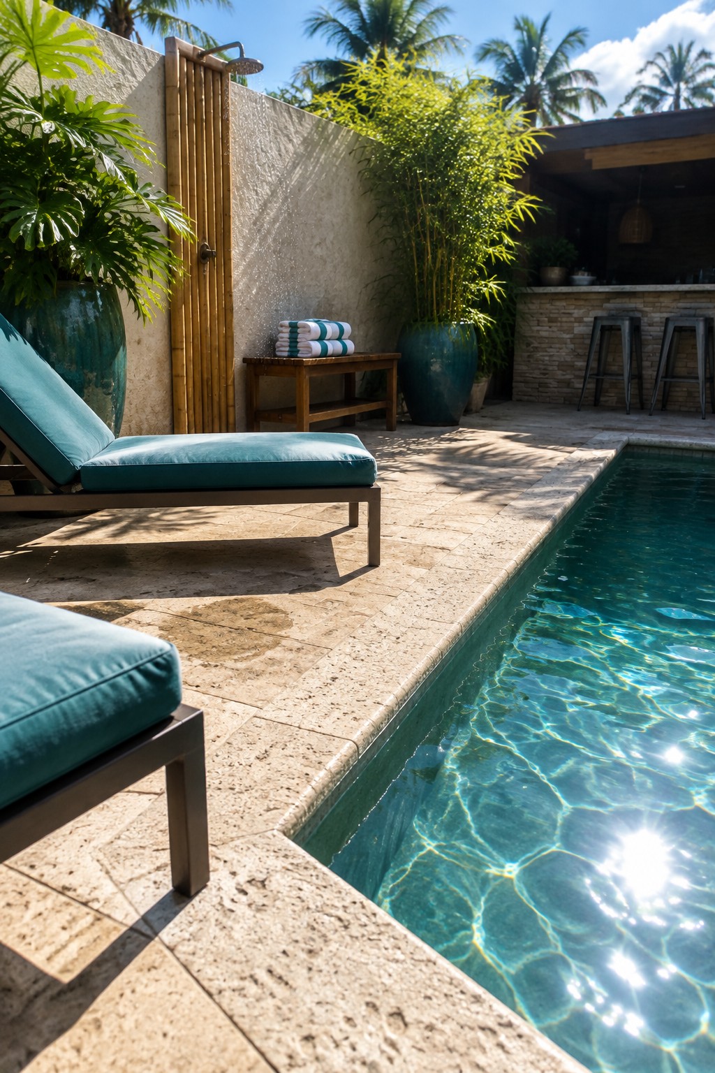 Teal lounge chair beside sparkling pool with bamboo shower and potted plants