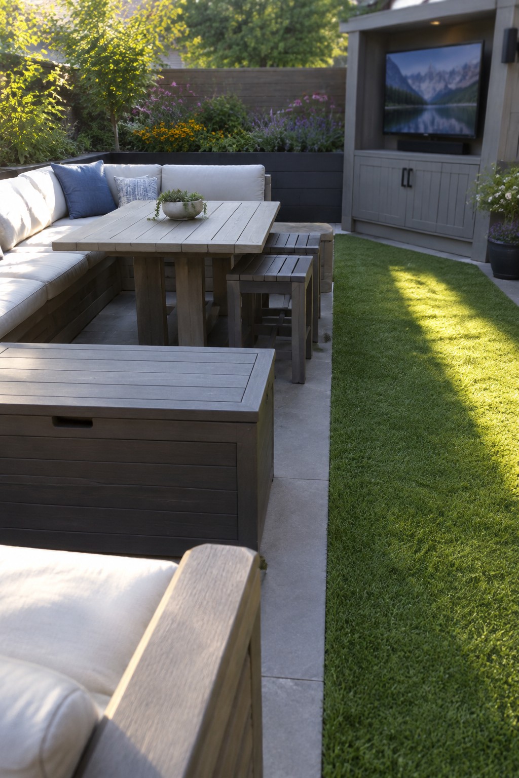 Outdoor patio with L-shaped sectional sofa, wooden dining table, stools, mounted television on gray cabinetry, dark storage chest, and adjacent artificial turf.