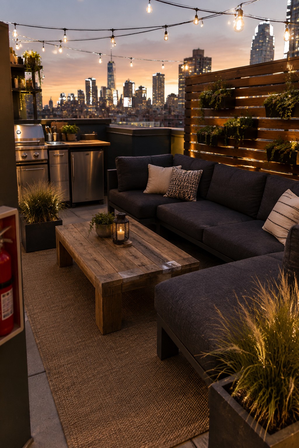 A rooftop patio at dusk featuring a dark L-shaped sectional sofa, wooden coffee table on a large woven rug, string lights overhead, and a city skyline in the background.