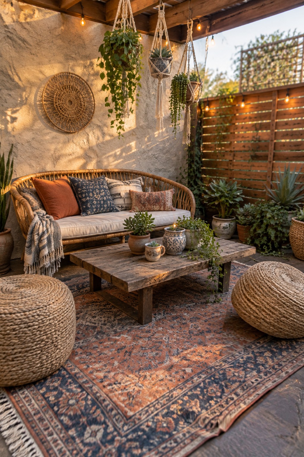 An outdoor patio scene showing a rattan sofa with cushions, a wooden coffee table, a large patterned area rug, two woven poufs, potted plants, and hanging planters under string lights.