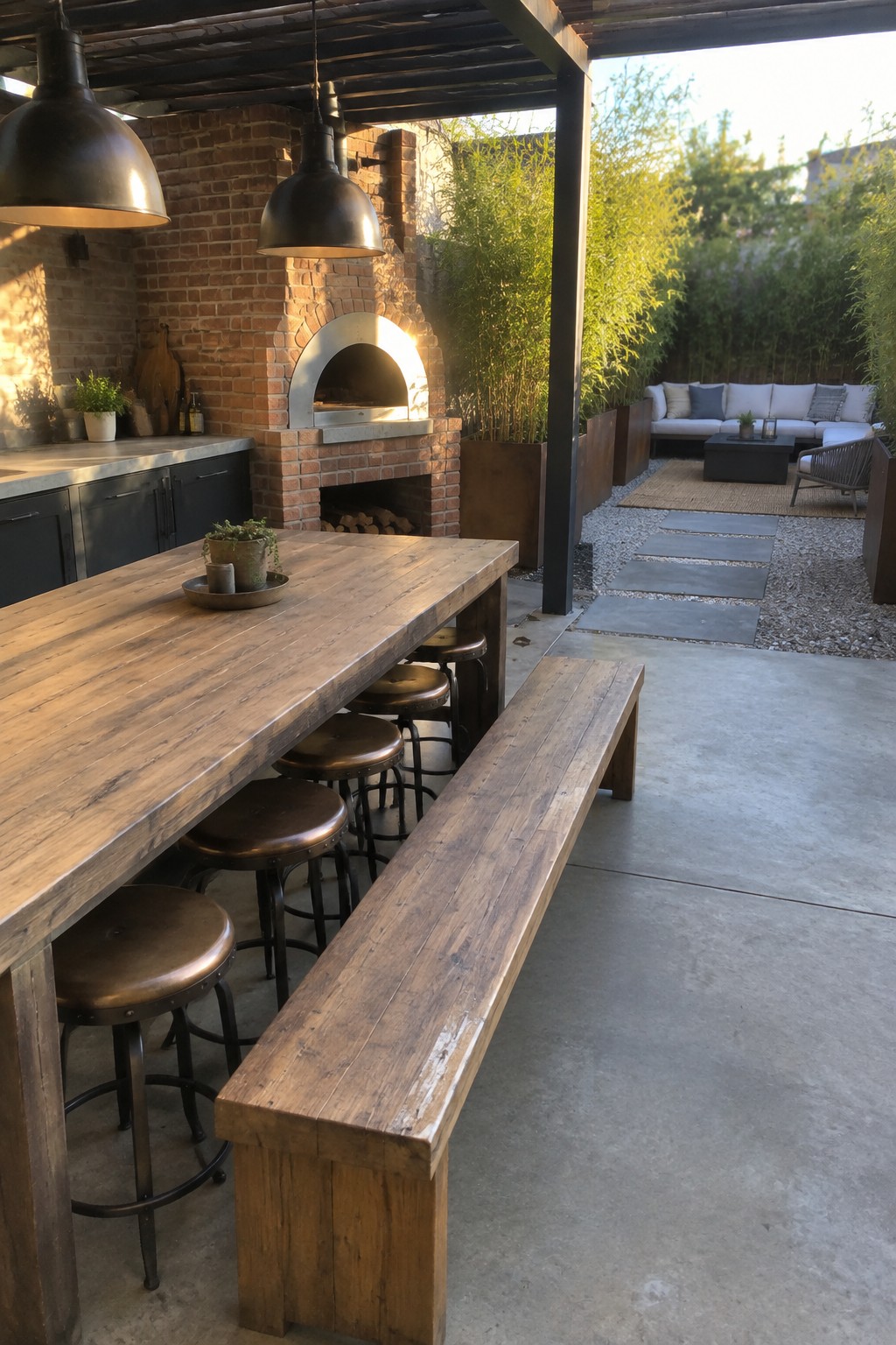 A long wooden dining table with metal stools and a matching bench sits on a concrete patio beside a brick pizza oven under a dark wooden pergola.
