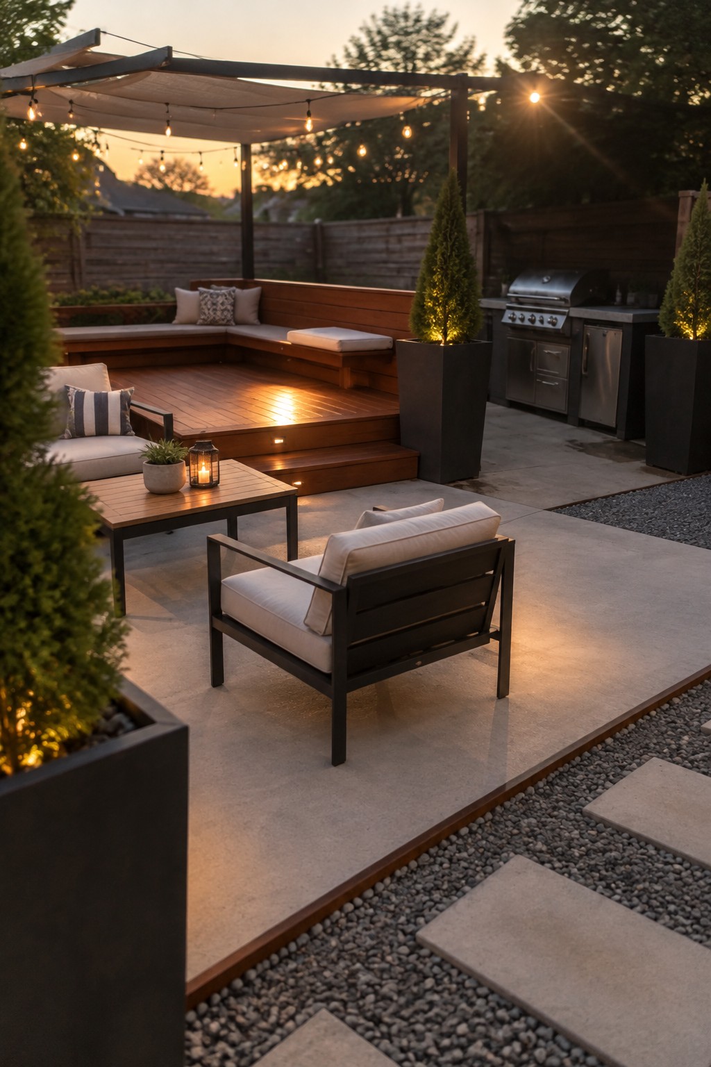 A backyard patio at dusk with a raised wooden deck featuring built-in L-shaped bench seating, black-framed lounge chairs on the concrete surface, a pergola with string lights, an outdoor kitchen, and tall planters.