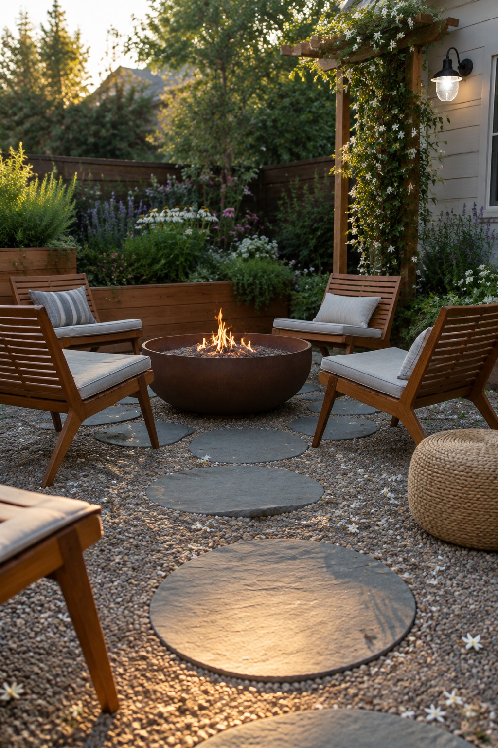 Cozy backyard patio with fire pit, wooden chairs, stone paths, and blooming pergola.