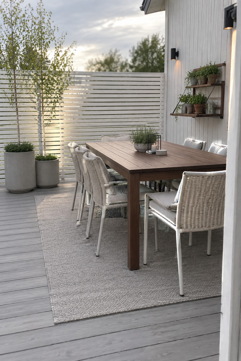 A long wooden dining table with woven chairs arranged on a large gray rug on a gray deck, next to a white wall with shelves of plants.