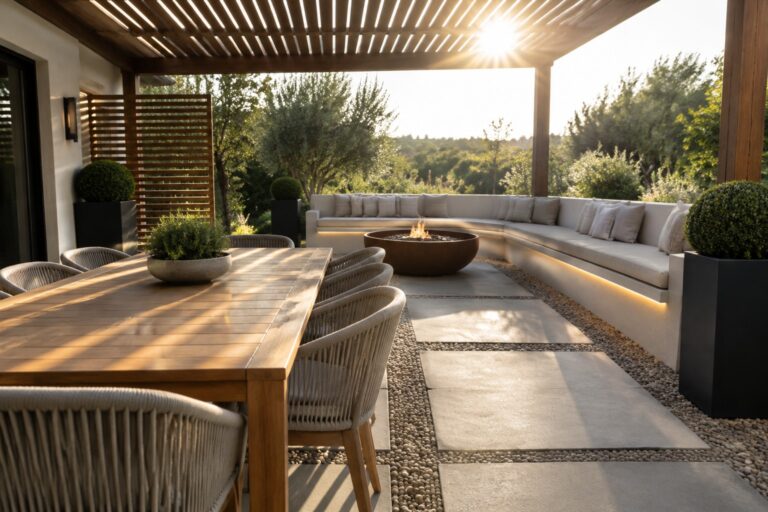 19 Smart Patio Makeover Ideas to Create a More Finished Outdoor Space A wooden pergola shades a stone patio with a long dining table, woven chairs, a round fire pit, and an L-shaped built-in bench with cushions.