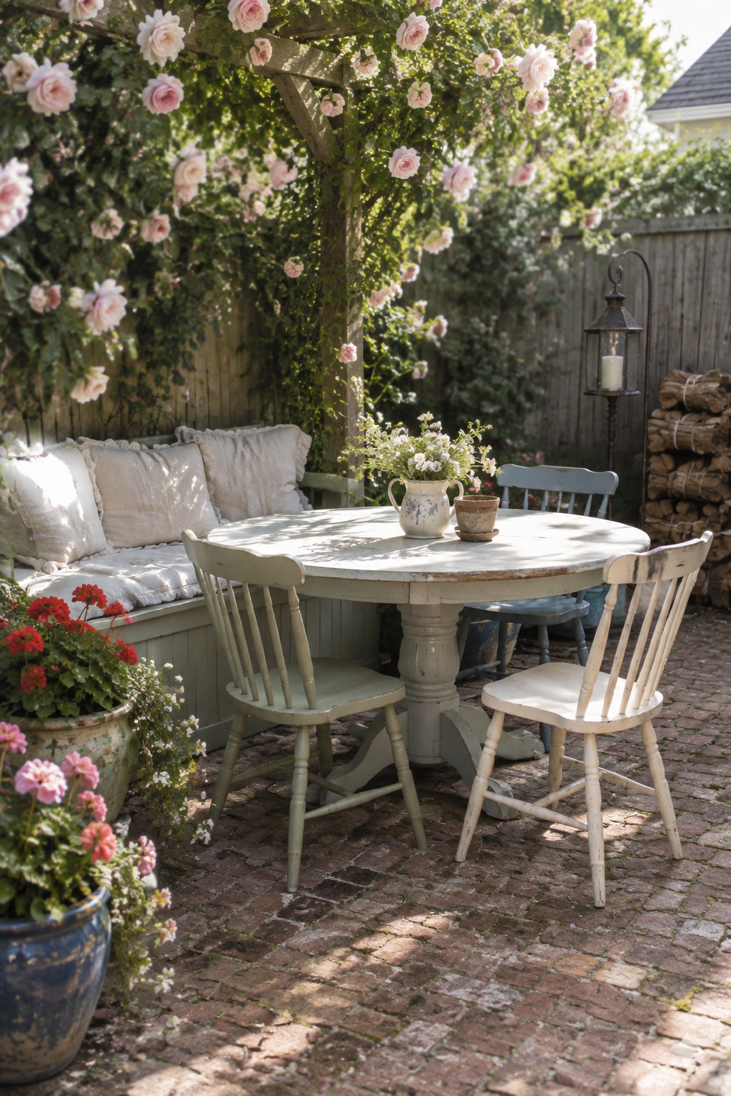 A round table with mismatched wooden chairs sits under a wooden pergola covered in pink climbing roses on a brick patio, with potted flowers nearby.