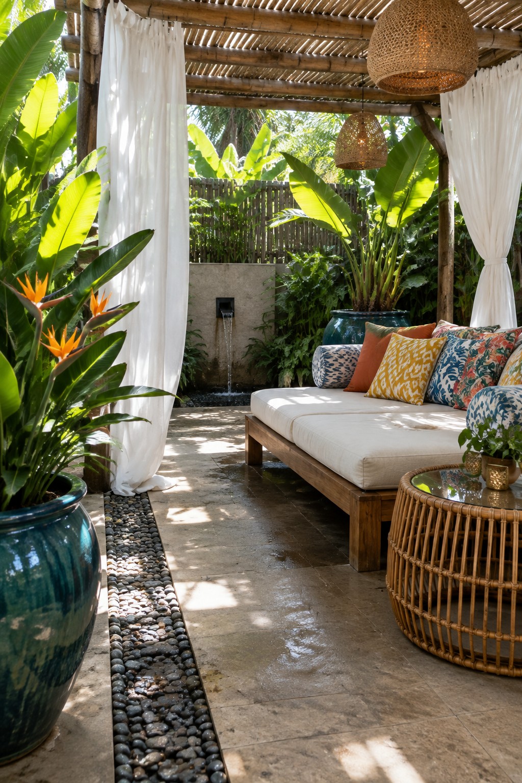 An outdoor patio under a bamboo pergola with white curtains, a wooden daybed with cushions, woven lanterns, and large potted plants.