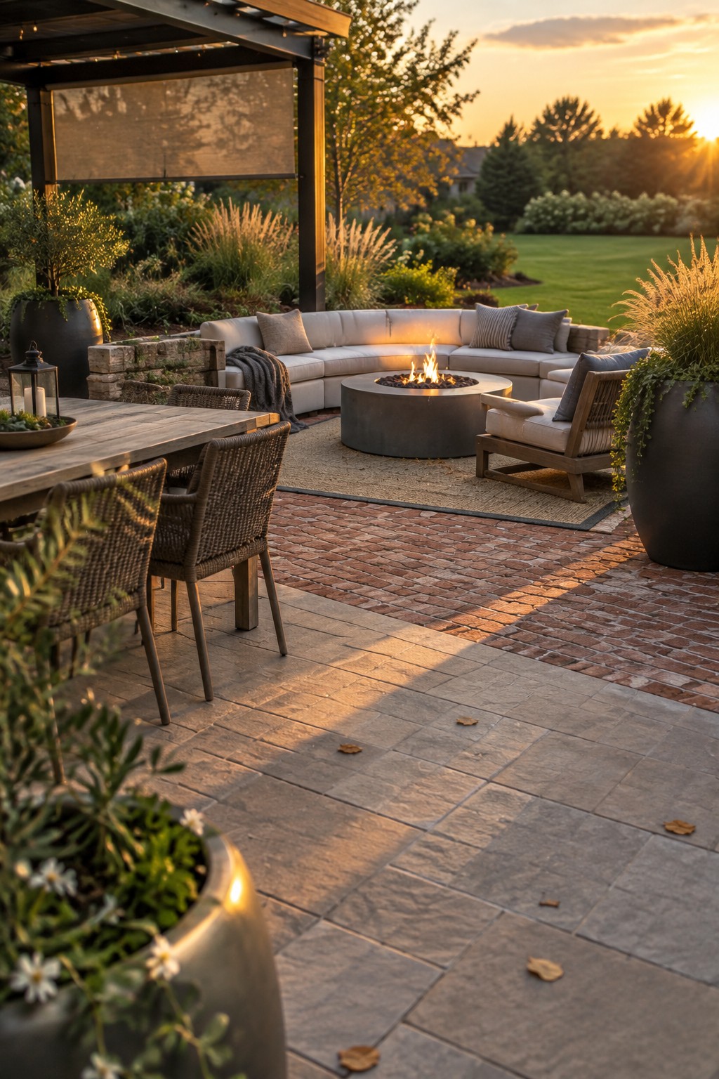Sunset patio with circular fire pit, curved sofa, dining table and string-lit pergola