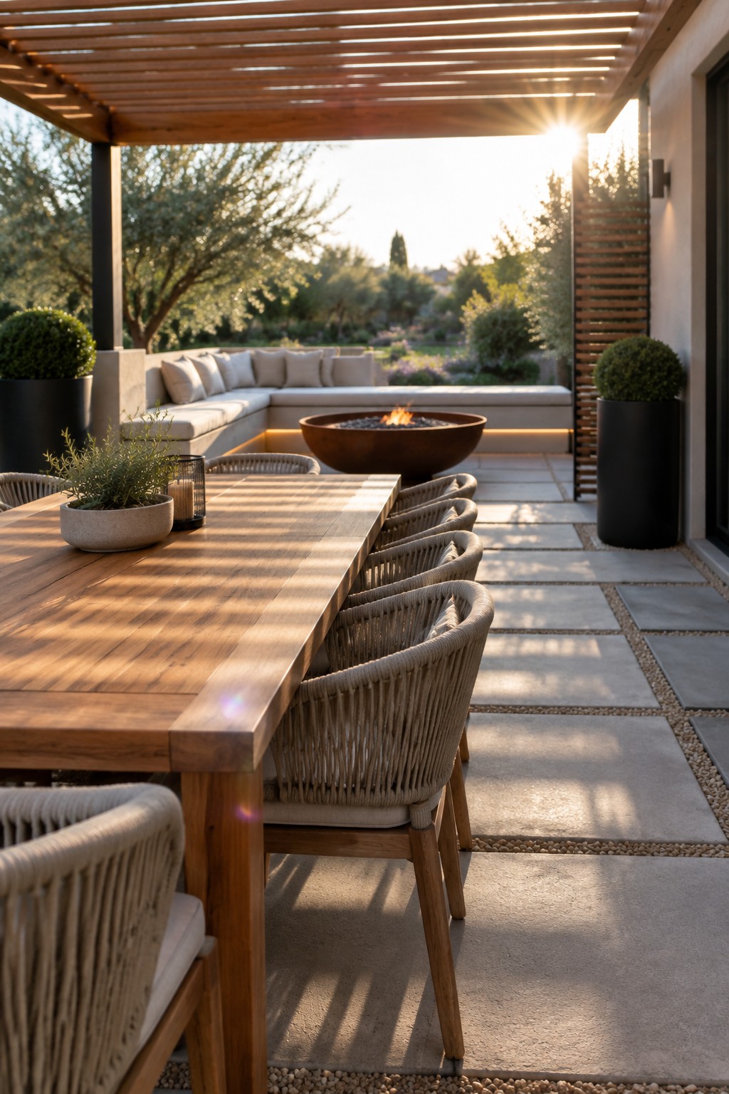 A wooden pergola shades a stone patio with a long dining table, woven chairs, a round fire pit, and an L-shaped built-in bench with cushions.