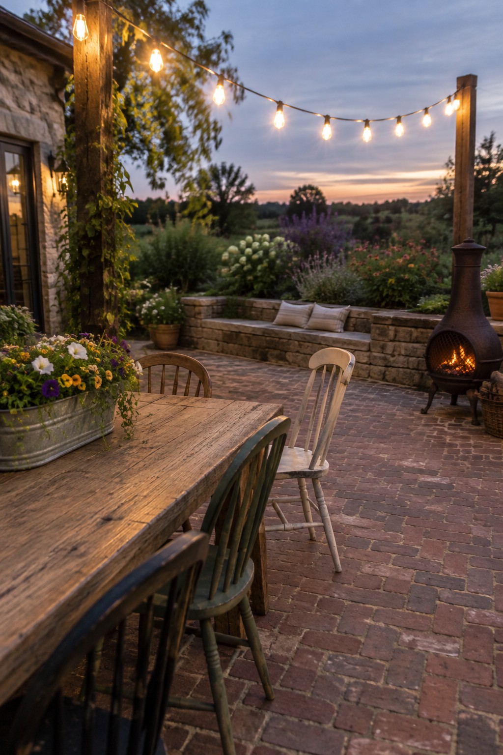 Rustic wooden table and chairs on brick patio with string lights and chiminea at dusk