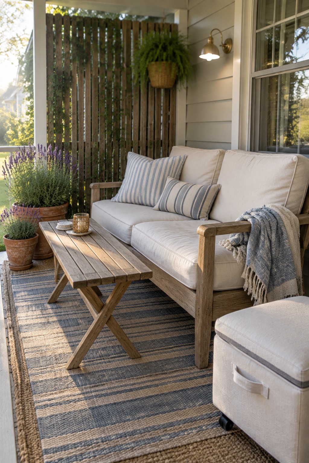 Cozy wooden porch sofa with striped pillows on blue rug near potted lavender