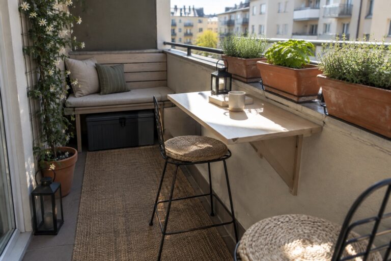 16 Smart Small Patio Furniture Ideas for Limited Floor Space A small balcony with a wooden drop-down table mounted on the wall, two cushioned stools, a built-in bench with storage, potted plants along the ledge, and lanterns on a woven rug.