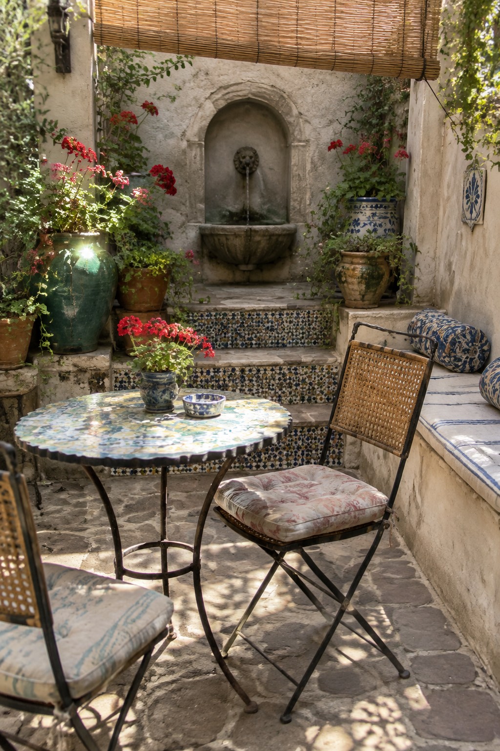A small outdoor patio with a round mosaic table, two metal folding chairs with cushions, potted plants, and a stone fountain against a stucco wall.