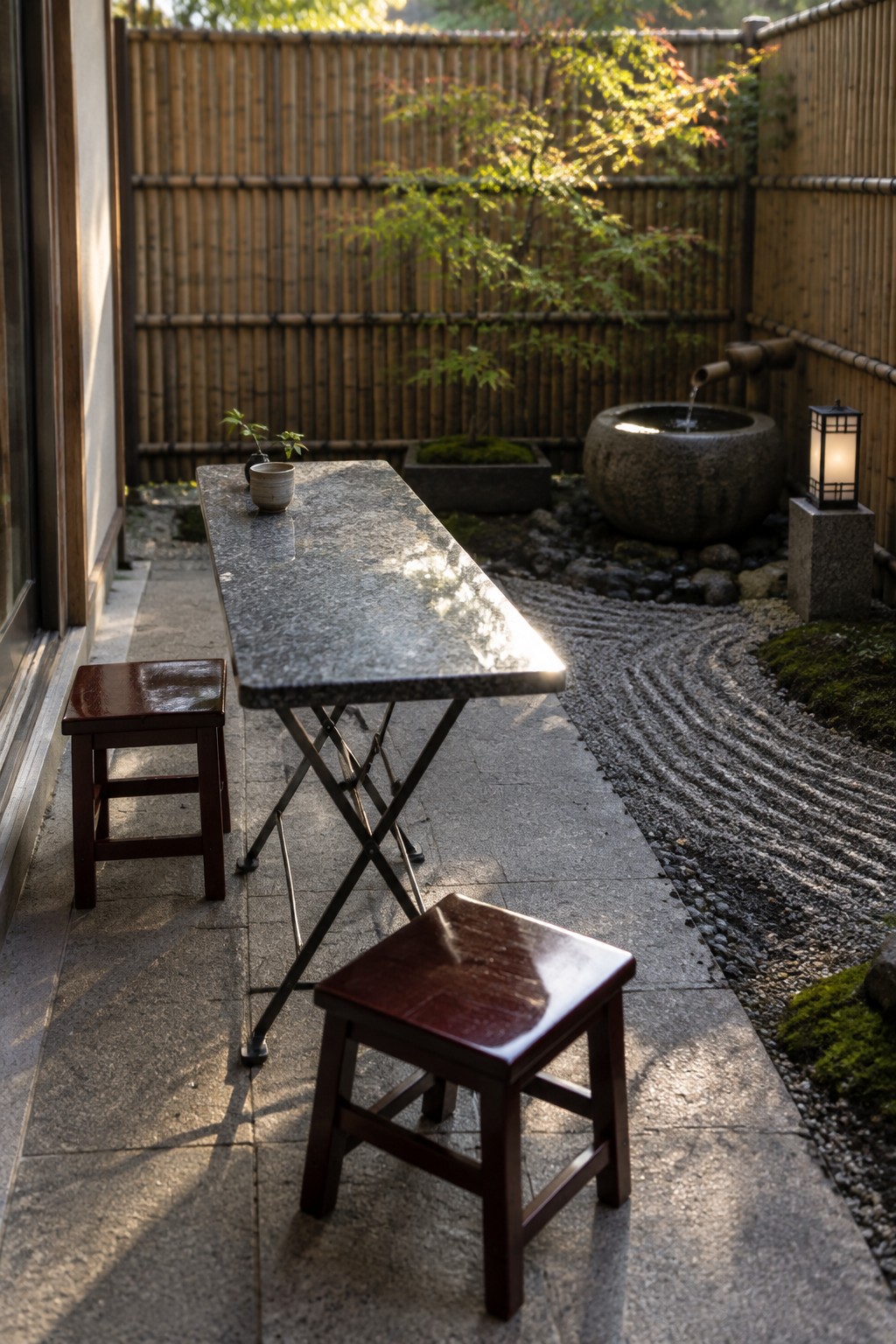 A narrow folding table with two low wooden stools on a stone patio next to a bamboo fence and stone water basin.