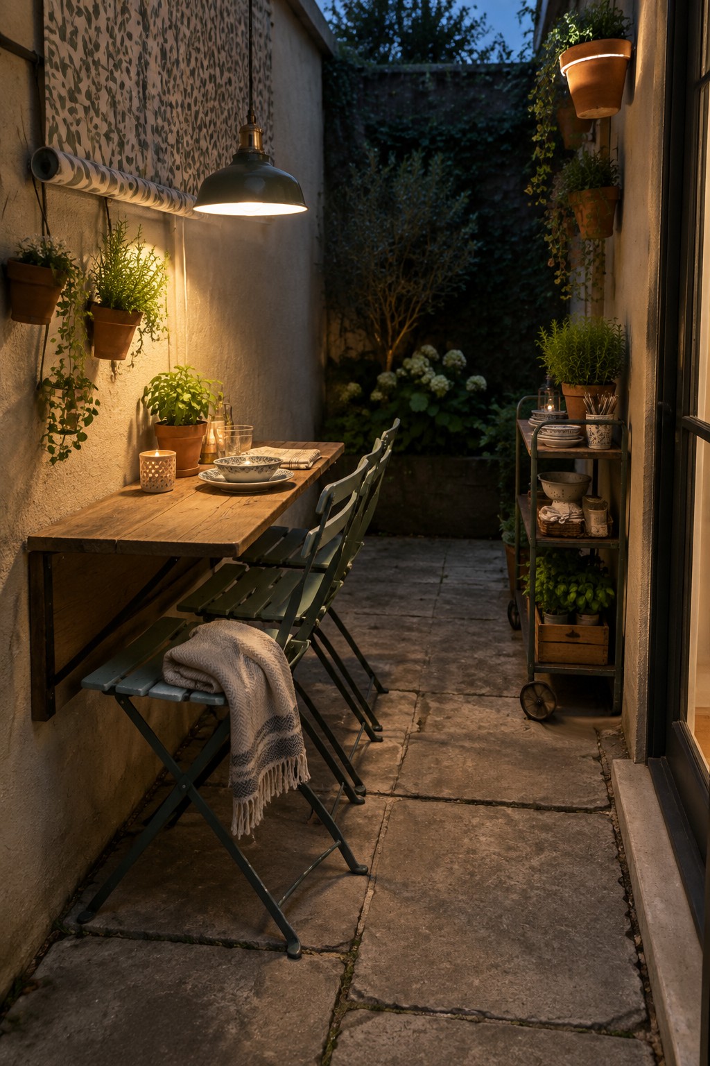 A narrow outdoor patio with a wooden wall-mounted table, green folding chairs, potted plants along the walls, and a rolling cart holding dishes and herbs.