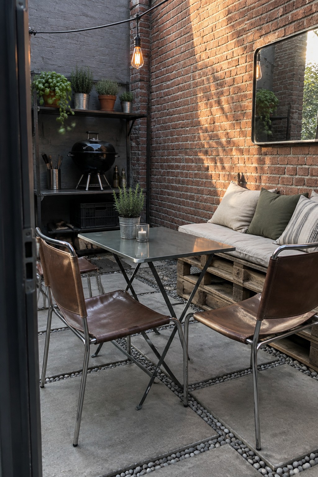 A compact outdoor patio with a folding metal table, two brown leather chairs, and a pallet bench seating area against a brick wall.