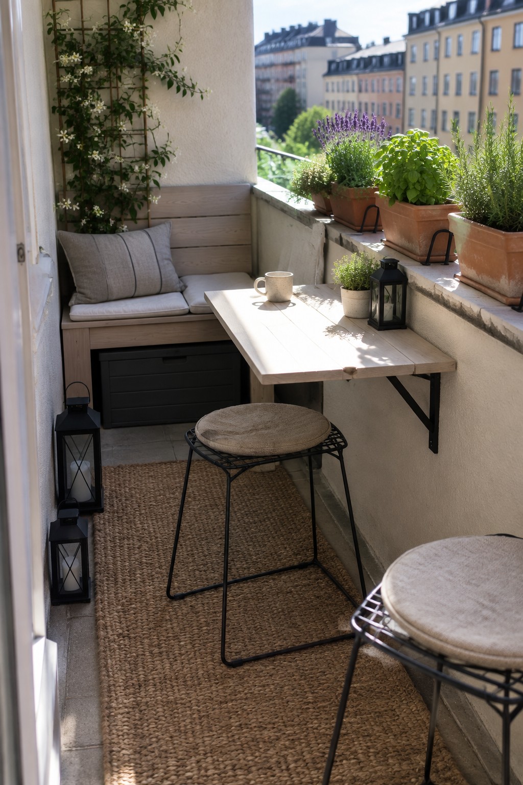 A small balcony with a wooden drop-down table mounted on the wall, two cushioned stools, a built-in bench with storage, potted plants along the ledge, and lanterns on a woven rug.