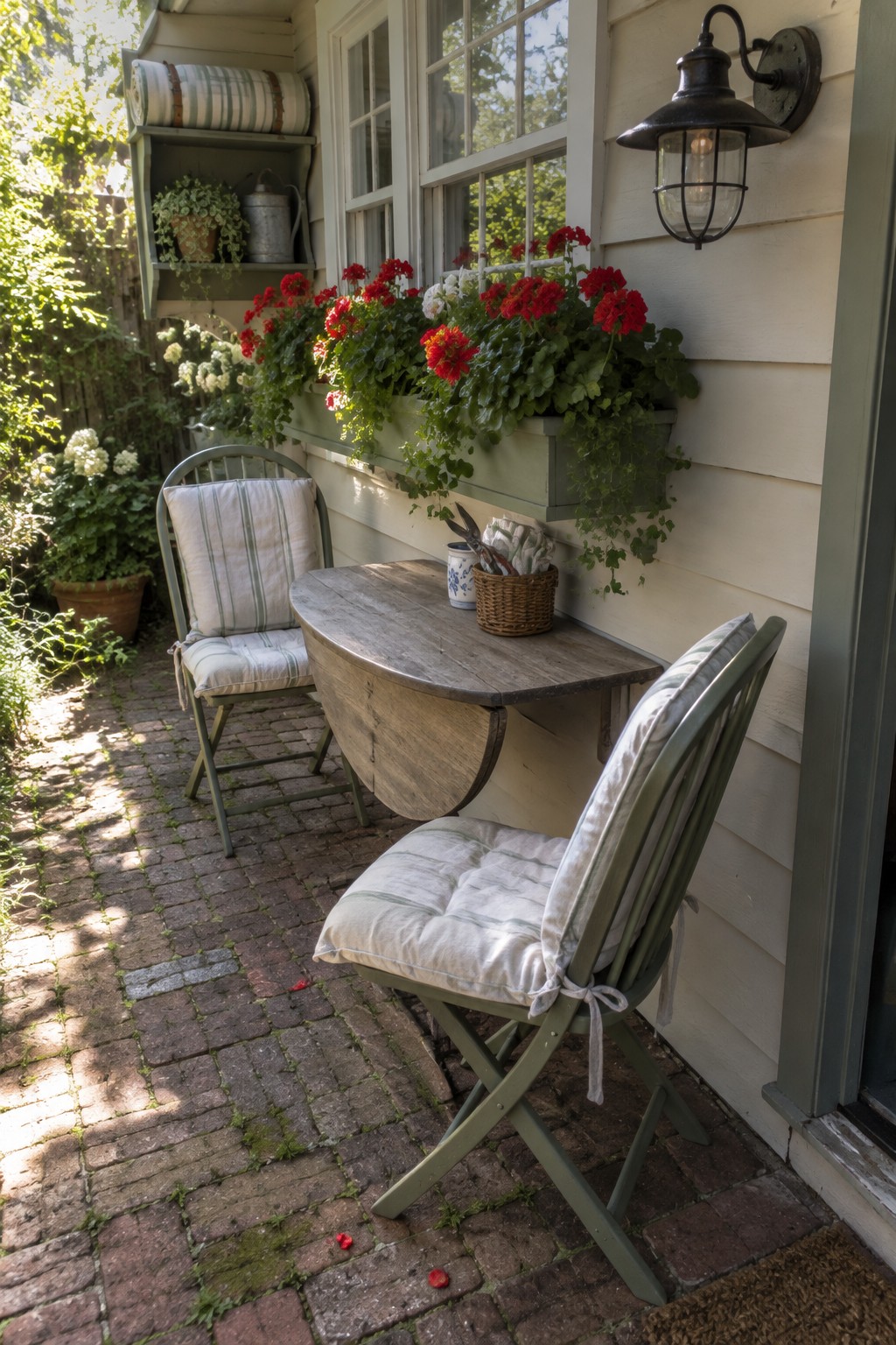 A brick patio beside a house with a wooden drop-leaf table mounted to the wall, two green folding chairs with striped cushions, and a window box of red flowers.