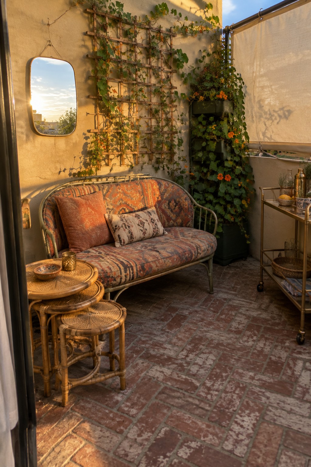 Cozy patio with patterned sofa, nested rattan tables, mirror, and vine-covered wall at sunset