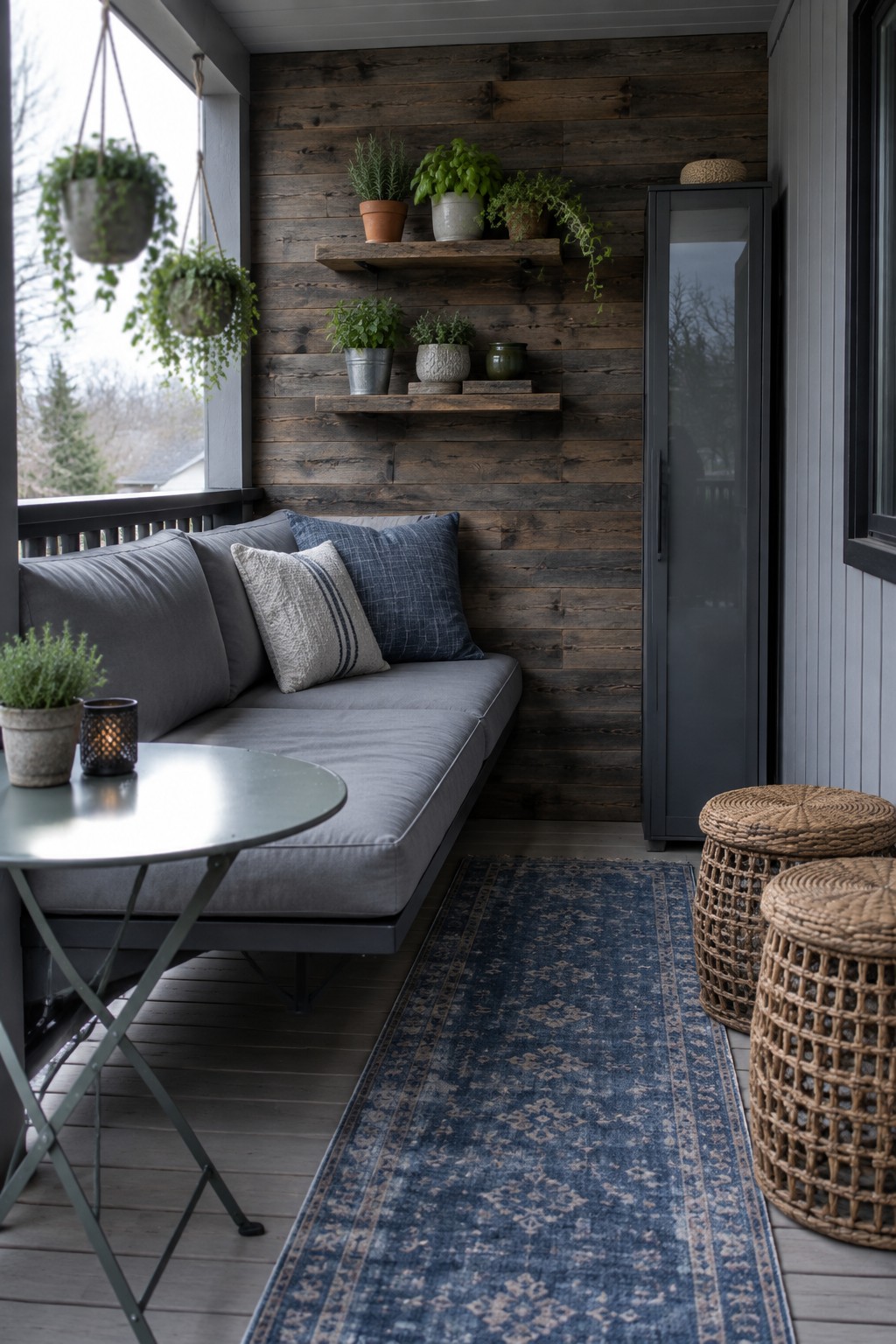 A narrow covered porch with a gray sofa against a dark wood wall, a long blue runner rug, two woven stools, wall-mounted plant shelves, and a tall gray cabinet.