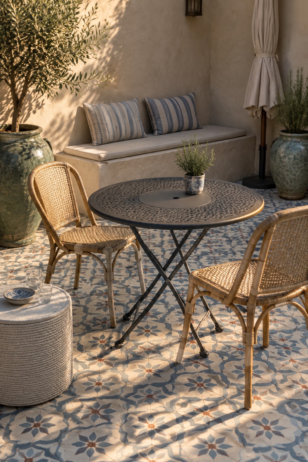 A small round metal patio table with two light wood and woven chairs sits on a patterned tile floor beside a built-in bench with striped cushions.