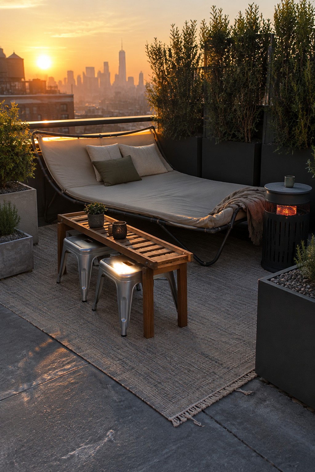 A small rooftop patio at sunset with a long daybed, a wooden bench holding two metal stools underneath, a patio heater, and city buildings in the background.