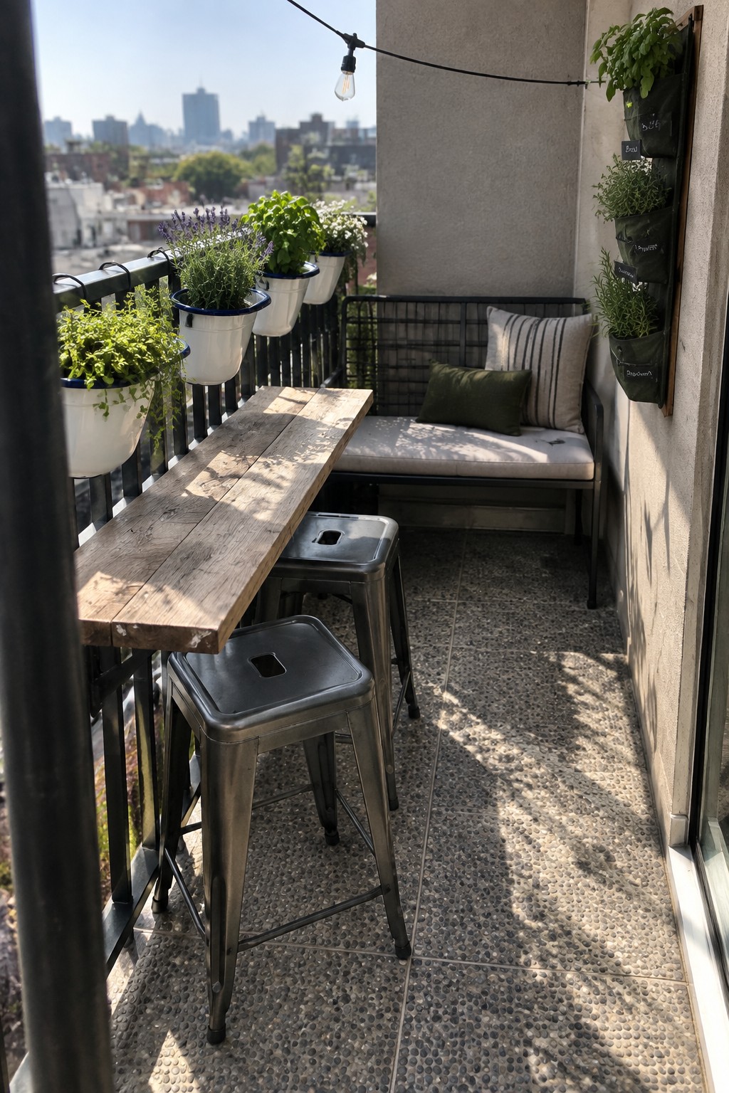 A narrow wooden table with two tucked metal stools sits on a small tiled balcony beside a cushioned bench with pillows, with potted plants along the railing and a city skyline in the distance.