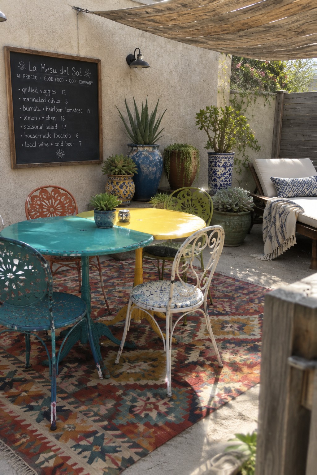 Outdoor patio scene with a large colorful geometric rug under turquoise and yellow metal tables, surrounded by mismatched metal chairs, potted plants, and a chalkboard menu on the stucco wall.
