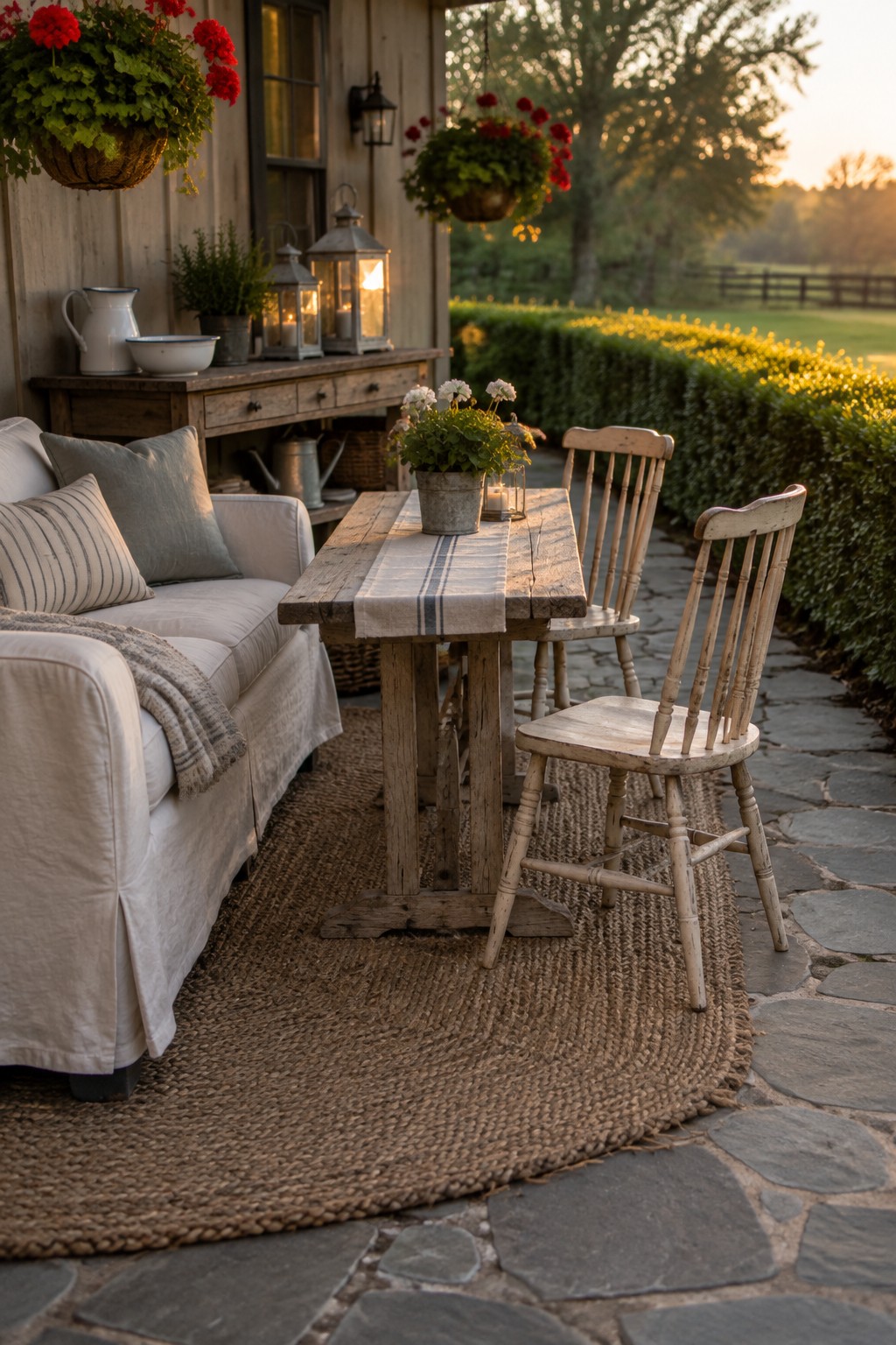 A rustic wooden dining table and two mismatched chairs rest on a large oval woven rug on a stone patio, with a white sofa to the left and hanging flower baskets on a wooden house wall behind.