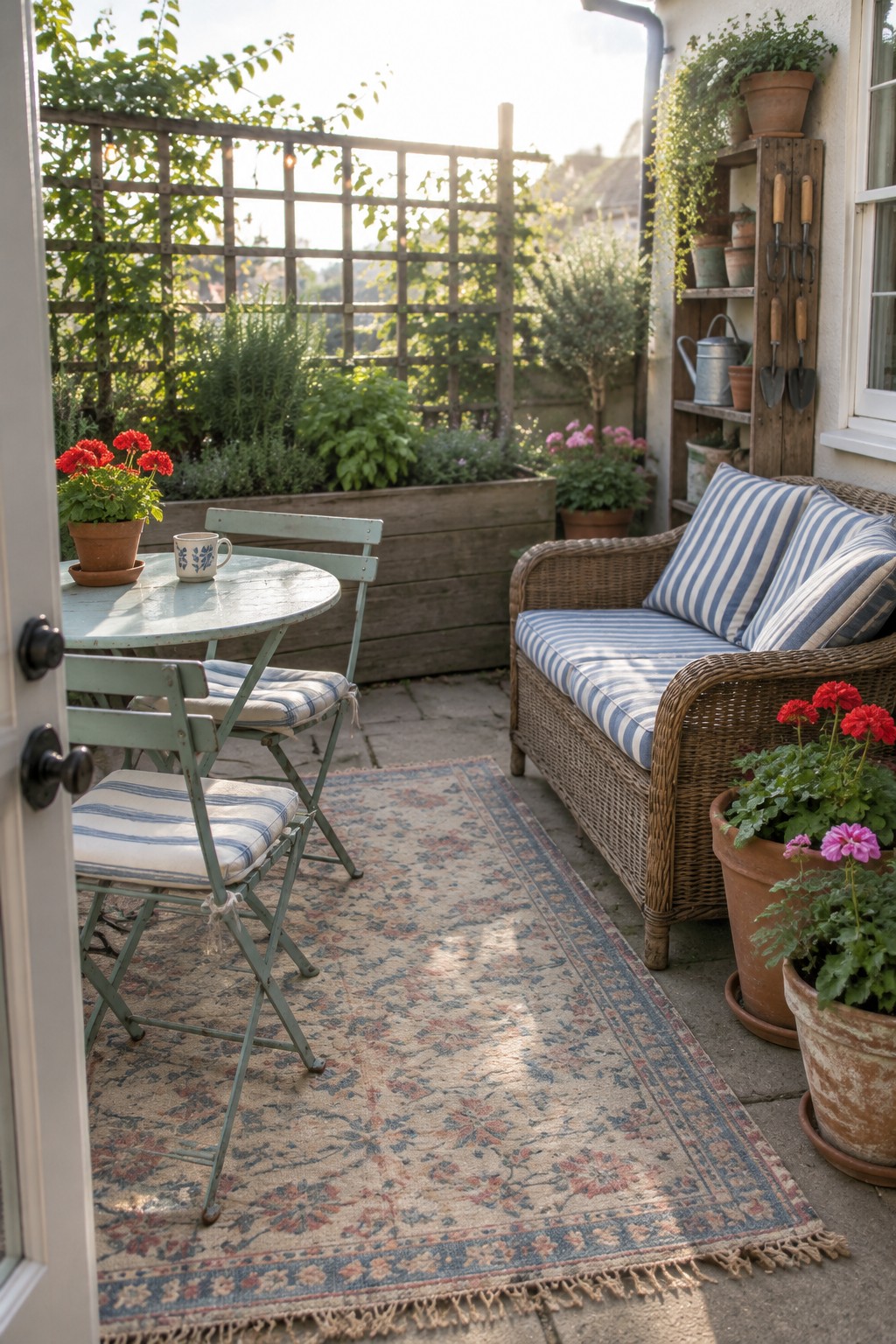 Outdoor patio with a large patterned rug anchoring a round table, folding chairs, and wicker sofa with striped cushions, surrounded by potted flowers and garden planters.