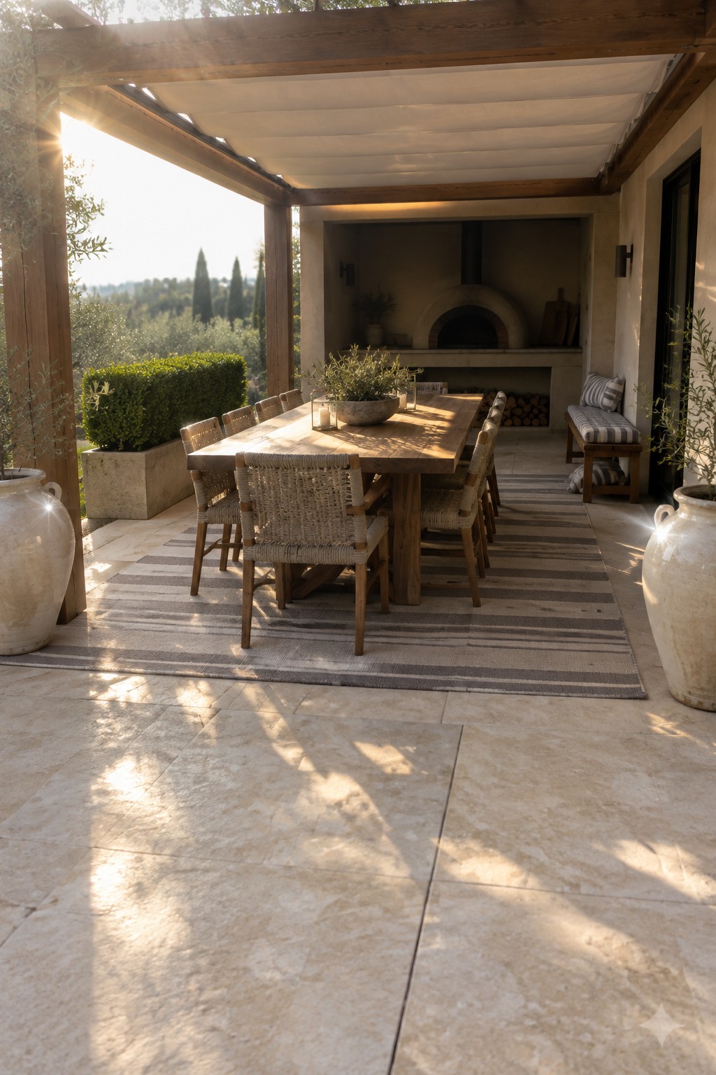 A long wooden dining table with woven chairs sits on a large gray and white striped rug beneath a wooden pergola, with a stone fireplace and large ceramic pots visible in the background.